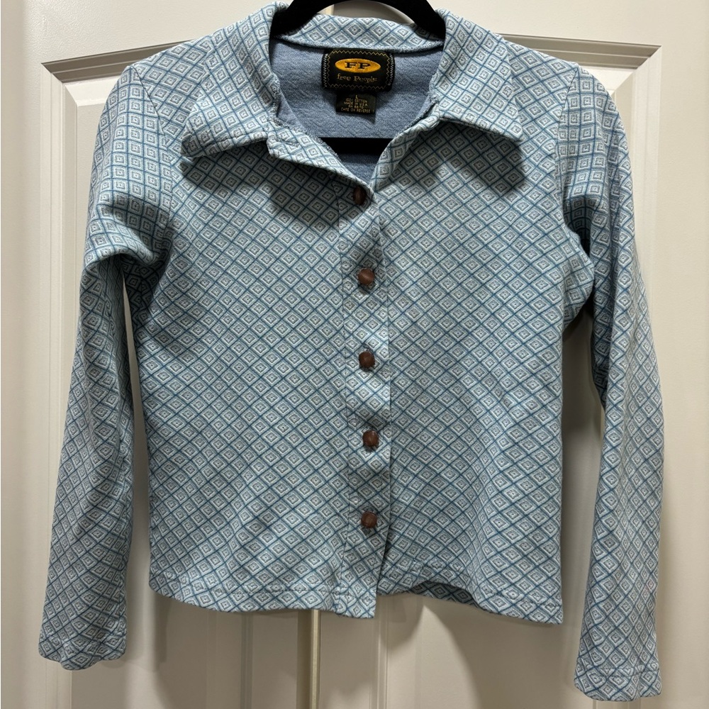 FREE PEOPLE VINTAGE Y2K RARE Light Blue Diamond Pattern L/S Shirt L